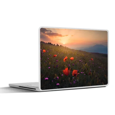 Produktbild von MuchoWow® Laptop Aufkleber Sticker Cover Blumenfeld - Gras - Pflanzen - Sonnenuntergang - Orange 31x22.5 cm - Laptop-Deko
