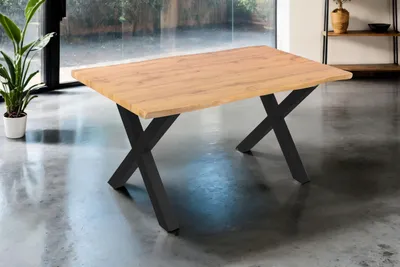Produktbild von Esstisch 160x85 cm Baumkante Holz Wildeiche-Optik X-Gestell Metall schwarz JOSY