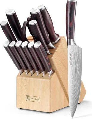Produktbild von PAUDIN Messerset | 14-teilig | Edelstahlmesser mit Holzblock