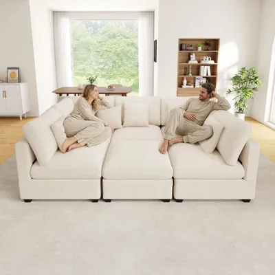 Produktbild von Merax 6-Sitzer XXL L Form Ecksofa, Modulsofa mit Schlaffunktion, Stauraum Fußhocker, Chenille Waffelstruktur, 5 Kissen, Wohnzimmer Soffa, Beige