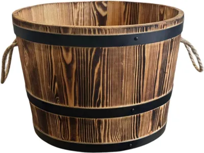 Produktbild von Pflanzkübel aus halbem Holzfass mit Seilgriffen für Garten Terrasse Balkon