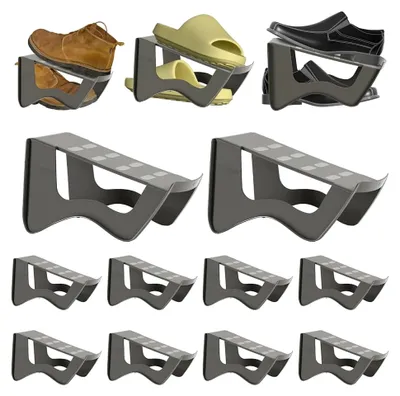 Produktbild von Schuhorganizer 10 Stück, rutschfester Schuhstapler aus PP, doppelschichtig, platzsparend für Schrank und Eingangsbereich, stapelbar, dunkelgrau