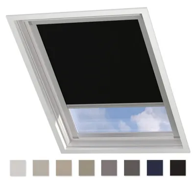 Productafbeelding van DTCH® verduisteringsrolgordijn voor dakramen, geschikt voor Velux SK01, zwart, met geleiderail. Rolgordijn voor dakramen, verduisteringsrolgordijn voor dakramen