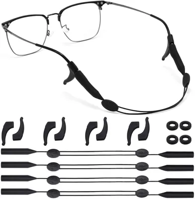 Imagen del producto de Bandas para gafas deportivas, ajustables de 23 a 35 cm, paquete de 4 unidades, con ganchos para sujetar las gafas y estuche de silicona para gafas, ideales para deportes