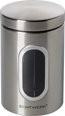 A silver metal storage container with a clear window and a lid.