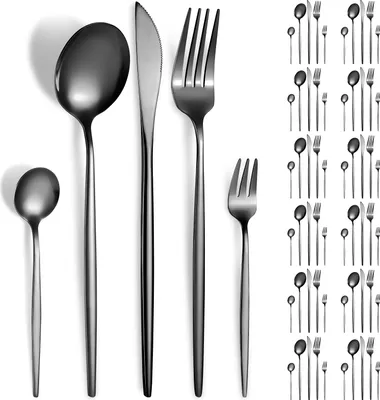 Produktbild von Schwarz Bestecksets 60 Stück Service für 12 Personen, Edelstahl Besteck Set, Besteckset inkl. Messer Gabel Löffel Besteck, Spülmaschinengeeignet