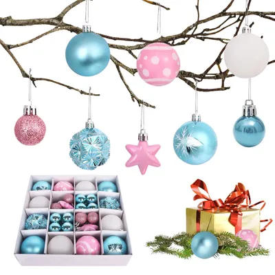 Weihnachtskugeln-Set, 42 Stück, 8 Designs, unzerbrechlich, Rosa & Blau