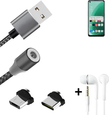 Produktbild von K-S-Trade® Hochwertiges Magnet-Lade-kabel Sync-Kabel Daten-Kabel + Kopfhörer kompatibel mit Oppo A55s 5G mit USB-Typ-C-Anschluss und
