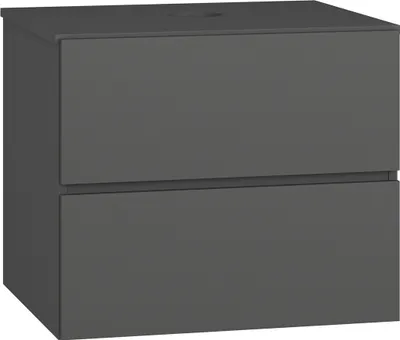 A dark gray bathroom vanity with two drawers is shown against a white background.