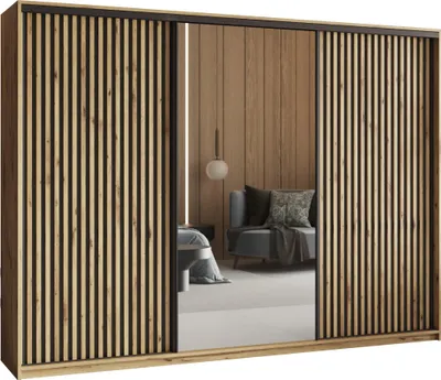 A bedroom scene with a wardrobe featuring mirrored doors and wooden slats.