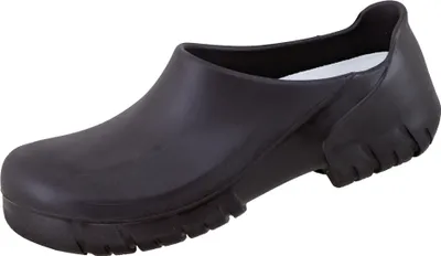 A single black clog shoe is shown against a white background.