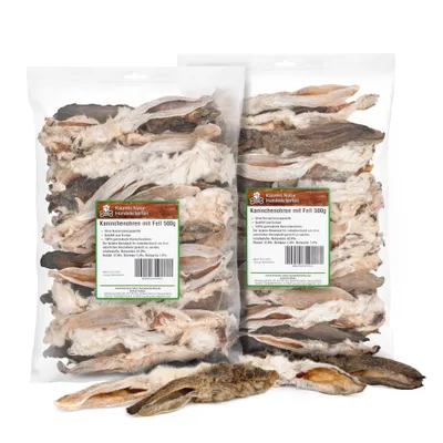 Produktbild von Kaureks Natur Kaninchenohren mit Fell 2x500g, ca 75 STK. Hasenohren, fettarm, Kauartikel, Kausnack
