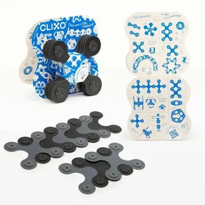 Produktbild von Clixo Designer Pack – Magnetische 3D-Bausteine Schwarz-Grau (9 Teile, flexibles recyceltes Material, biegbar & verbindbar, inkl. Bauanleitung) – ab 4 Jahren, CE/ASTM/EN-71