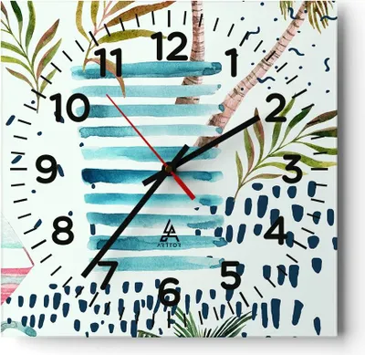 Produktbild von Wanduhr - Quadrat - Glasuhr - Aquarell palme tropisch boot - 40x40cm - Schleichendes Uhrwerk - Lautlos - zum Aufhängen bereit - Dekoration Modern - Wanddekoration aus Glas - C4AC40x40-2956