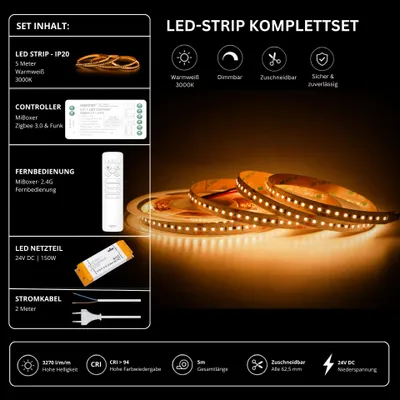 Produktbild von LED Streifen Set High Power Warmweiß 3000K – SMD LED Streifen 24V, 22 W/m, 3270 lm/m, 5m – SS150 Netzteil, SZ2 Zigbee 3.0 Controller und C1 Fernbedienung Weiß