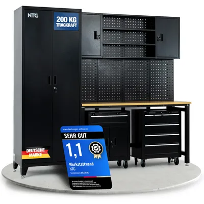 Produktbild von XL Werkstattwand Komplett-Set 210 cm – Modulares Werkstattsystem mit 25 mm Holzarbeitsplatte, Werkzeugschränken, Lochwand & Werkbank, 200 kg Traglast