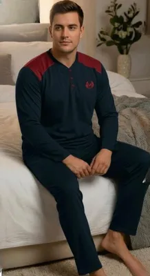 Produktbild von Herren Große Größen Pyjama Schlafanzug Set Marineblau 4XL Warm Winter %100 Baumwolle Lang M-61