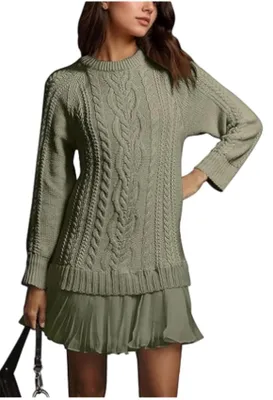 Produktbild von ASKSA Damen Pulloverkleid Cable Knit Rundhals Strickkleid Einfarbig Langarm Minikleid Freizeitkleider Pullover (Gruen,M)