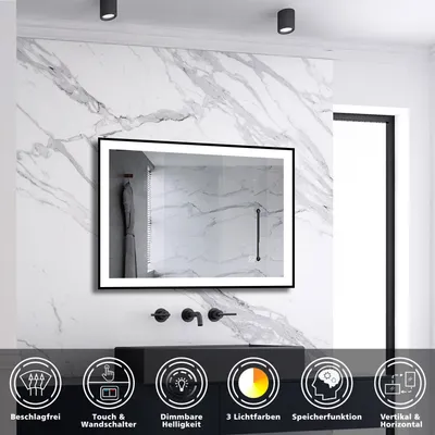 Produktbild von AICA LED Wandspiegel 70x50cm Beschlagfrei Touch/Wandschalter 3 Lichtfarbe +Dimmbar Badspiegel mit Beleuchtung Badezimmerspiegel mit Schwarz Rahmen IP44