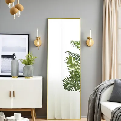 Obrázok produktu pre Celoplošné zrkadlo 150x40 cm, obdĺžnikové, voľne stojace alebo zavesené na stene, hliníkový rám, ideálne do kúpeľní, spální, predsiení a chodieb, pozlátené