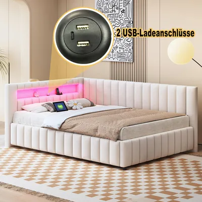 A modern beige L-shaped sofa bed with integrated LED lighting and USB charging ports, shown in a bedroom setting.
