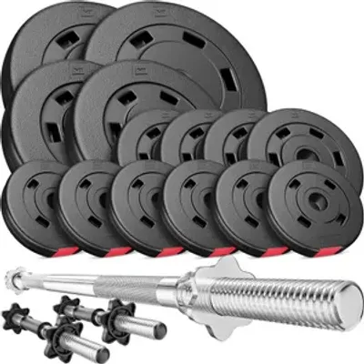 Produktbild von Hop-Sport Hantelset 58 kg, 1x Langhantel-Stange, 2x Kurzhanteln, Hantelscheiben 2x10kg + 2x5kg + 4x2,5kg + 6x1,25kg