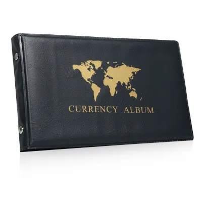 A black currency album with a gold world map and text on the cover.