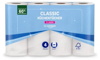 Produktbild von Küchenrolle, 3-lagig, 4 Rollen (4 Rollen, 1-er Pack), 64 Blätter pro Rolle,