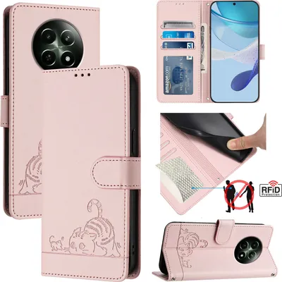 Produktbild von Leder Hülle für Realme 12 5G Süße Katze Flip Case Brieftasche Schutzhülle mit Standfunktion Pink