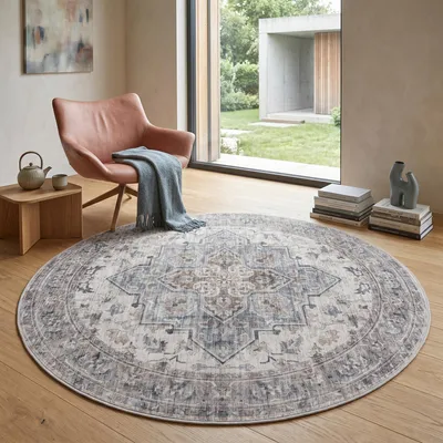 Produktbild von Carpetsale24 Waschbarer Teppich Vintage Rundteppich Wohnzimmer Esszimmer Orientalisches Design Pflegeleicht Grösse: 200 cm Rund