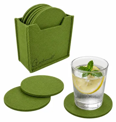 Produktbild von Filz Untersetzer für Gläser & Tassen 12er Set mit Box, runde Tischuntersetzer 10cm abwaschbar Grün