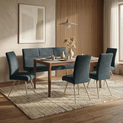 Produktbild von Esszimmer-Set MCW-G55, 4er-Set Stuhl + Sitzbank 160cm, Edelstahl gebürstet Stoff/Textil Chenille blau-grün