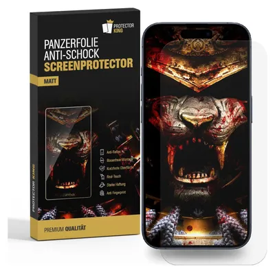 A product package for a screen protector is shown next to a smartphone displaying a graphic.