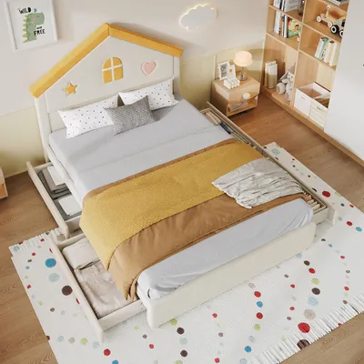 Immagine prodotto di Letto per bambini MODFU, 140 x 200 cm, con materasso; letto a casetta imbottito per adolescenti con 4 cassetti e testiera a forma di casetta; letto imbottito in velluto, color beige