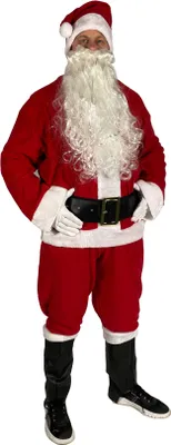 A person dressed as Santa Claus standing against a white background.