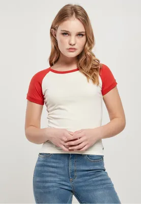 Immagine prodotto di Maglietta da donna Urban Classics Ladies Organic Stretch Short Retro Baseball Tee, colore whitesand/hugered - L