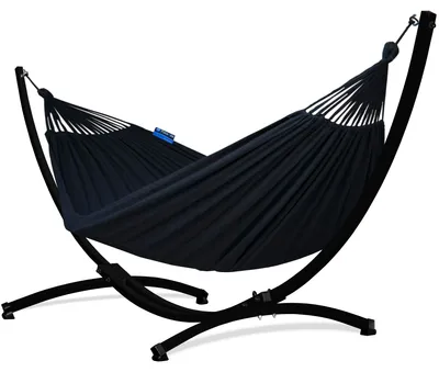 Produktbild von Potenza Outdoor Hängematte mit Gestell für 2 Personen I Baumwolle Doppelhängematte XXL 220x160, 200kg I Schwarz Hängemattengestell 220kg, wetterfest