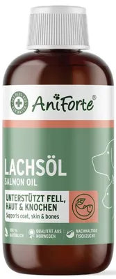 Produktbild von AniForte Natur Lachsöl für Hunde & Katzen 250 ml mit Omega 3 – Norwegisches Lachsöl für Haut & Haar, Gelenke & Immunsystem, ohne künstliche Zusätze