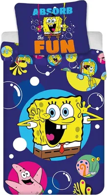 A Spongebob Squarepants themed duvet cover and pillowcase set with various characters and bubbles.