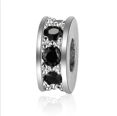 Image de Perles pour bijoux 5 pièces, Charm Spacer Beads pour bracelets scintillants, 3x7,5 mm, argent avec pierre noire