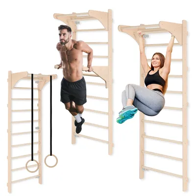 Produktbild von MAMOI® Gymnastikleiter für Training mit Griff und Dip-Barren, Sprossenwand mit verstellbaren Holzringen für Krafttraining und Stretching, Wandmontage