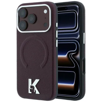Produktbild von Karl Lagerfeld Cover iPhone 17 Pro Max / 18 Pro Max MagSafe Kunstleder burgundy geprägt Logo silber