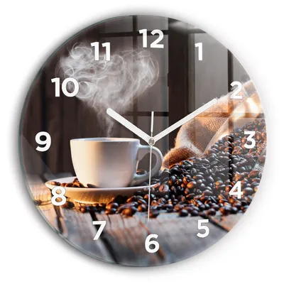 Produktbild von Wallfluent Wanduhr – Stilles Quarzuhrwerk - Uhr Dekoration Wohnzimmer Schlafzimmer Küche - Zifferblatt - weiße Zeiger - 30 cm - Eine Tasse Kaffee