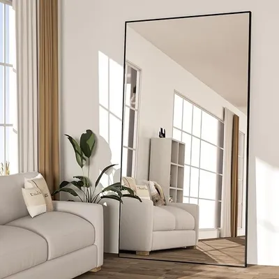 Obrázek produktu pro Zrcadlo do celé postavy, rozměry 198 x 96 cm, černé podlahové zrcadlo se stojanem. Velké, obdélníkové zrcadlo vhodné do ložnice. Rám z hliníkové slitiny, lze zavěsit nebo postavit