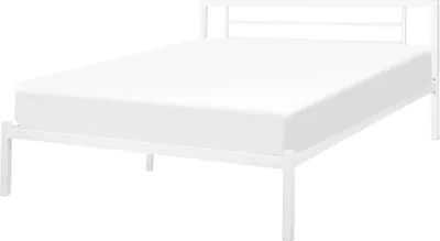 Produktbild von BELIANI Bett Weiß Metall mit Lattenrost 160 x 200 cm Hohes Kopfteil Ohne Fußteil Schlichtes Modernes Design Schlafzimmer Metallbett Doppelbett