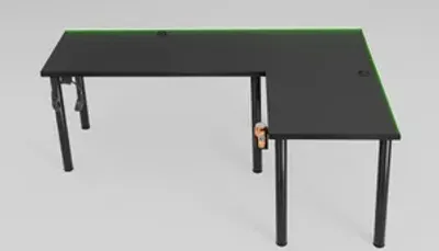 A black L-shaped gaming desk with black legs and an orange accent on one of the legs.