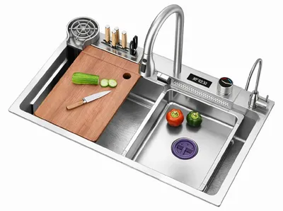 Immagine prodotto di Domotechnika | Lavello da cucina - 75x45 cm - Acciaio inossidabile - Indicatore di temperatura - Attacco idraulico - Con rubinetto a 3 vie estraibile
