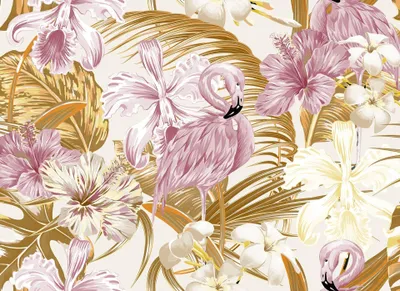 Produktbild von Flamingo Tapete in Rosa Gold | Moderne Tropical Fototapete mit Hawaii Blumen im Urban Jungle Stil | Schlafzimmer Vlies F