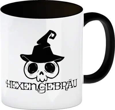 Produktbild von Kaffeebecher Schwarz mit lustigem Halloween Motiv - Totenkopf mit Hexenhut