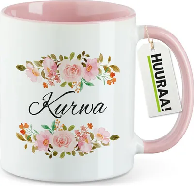 Produktbild von Huuraa Kaffeetasse Kurwa polnisch Blumen 330ml Rosa Keramik Kaffeebecher Geschenkidee